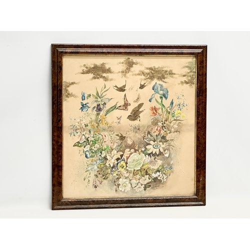 366B - A late 19th century watercolour drawing of birds and flowers. Signed E. Sandland. Dated 1890. 58x60c... 