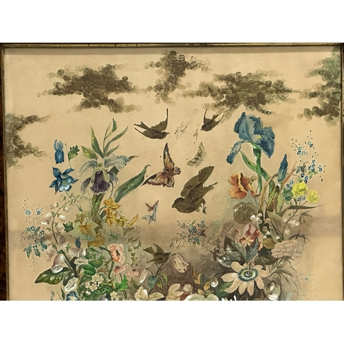 366B - A late 19th century watercolour drawing of birds and flowers. Signed E. Sandland. Dated 1890. 58x60c... 