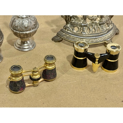 26 - A job lot including a brass clock, a pair of silver plated sprinkler vases, 2 small binoculars