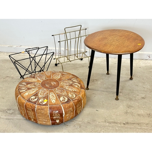 54 - Mid Century furniture. Including a 1960’s lamp table, a footstool and 2 magazine racks.