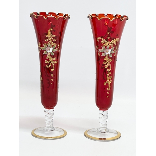 87 - A pair of Venetian Murano Ruby Glass vases. Italy. 24cm