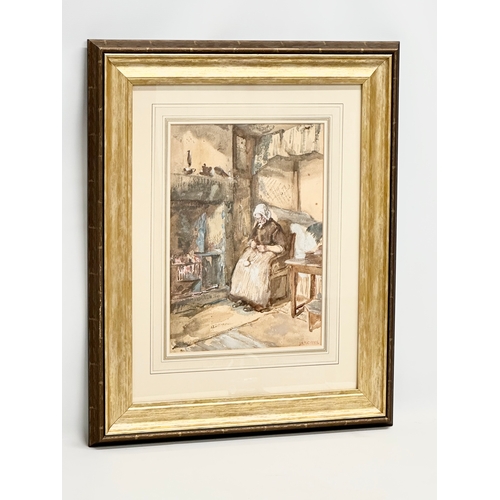 102 - A large watercolour drawing by John. M. Macintosh (1847-1913) knitting by the Fire. 27x38cm. Frame 5... 