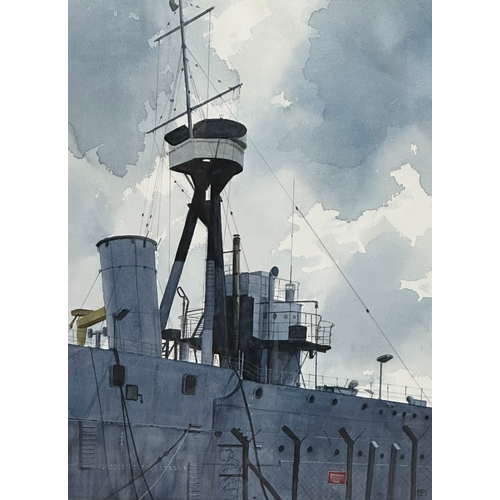 104 - A large watercolour drawing of H.M.S Caroline, in Belfast Docks. 45x60cm. Frame measures 69x85.5cm