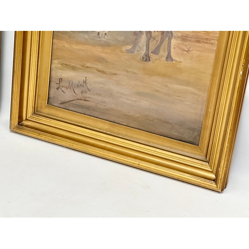 202 - A pair of large early 20th century oil paintings on canvas. Signed. In original gilt frames. 40x106c... 