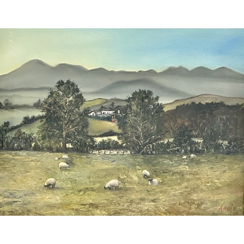 207 - A large oil painting by Angie. Sheep’s in the Field. 49x39cm. Frame 66x56cm