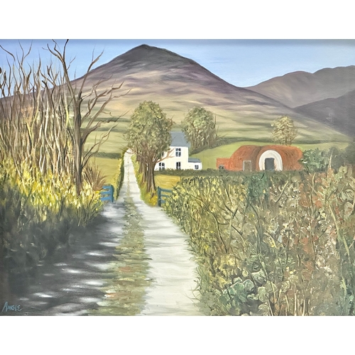 210 - An oil painting by Angie. Farmhouse Lane. 49x39cm. Frame 66x56xm