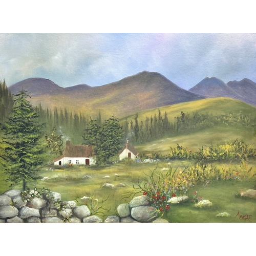 211 - A large oil painting by Angie. Cottage on the Mountains. 61x45cm. Frame 77x62cm