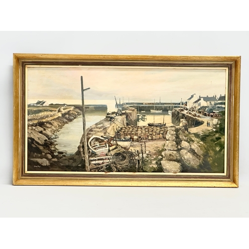 45 - A large oil painting on canvas by Gerald Walby. Northern Irish Harbour. 75x40cm. Frame 85x49.5cm