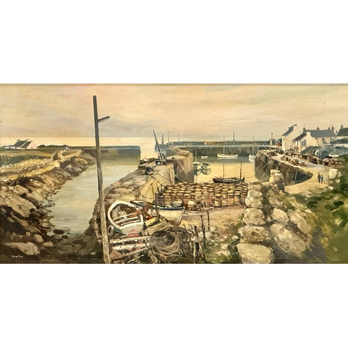 45 - A large oil painting on canvas by Gerald Walby. Northern Irish Harbour. 75x40cm. Frame 85x49.5cm