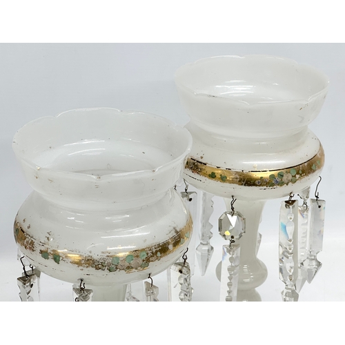 155 - A pair of Victorian Milk Glass lustres with cut glass droplets. 16x30cm