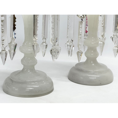 155 - A pair of Victorian Milk Glass lustres with cut glass droplets. 16x30cm