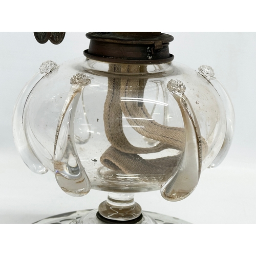 20 - A Victorian hand blown glass bowl oil lamp on sorcerers mirror base. 20x49cm