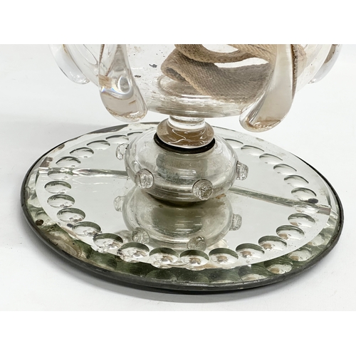 20 - A Victorian hand blown glass bowl oil lamp on sorcerers mirror base. 20x49cm