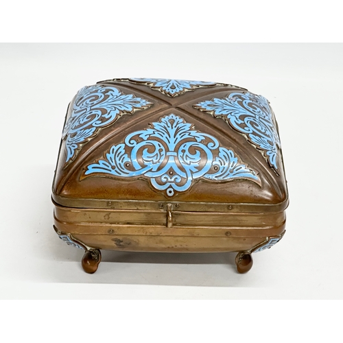 114 - A late 19th century copper and enamel sewing box/storage box. 16x17x10.5cm