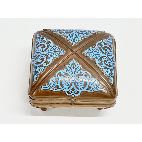 114 - A late 19th century copper and enamel sewing box/storage box. 16x17x10.5cm