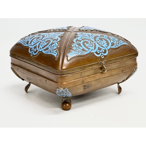 114 - A late 19th century copper and enamel sewing box/storage box. 16x17x10.5cm