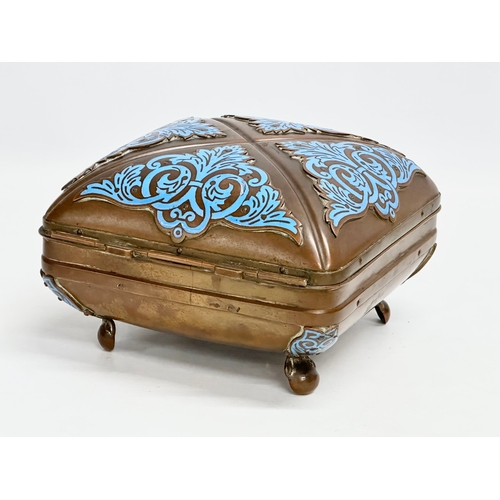 114 - A late 19th century copper and enamel sewing box/storage box. 16x17x10.5cm