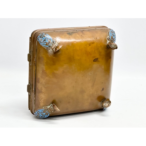 114 - A late 19th century copper and enamel sewing box/storage box. 16x17x10.5cm