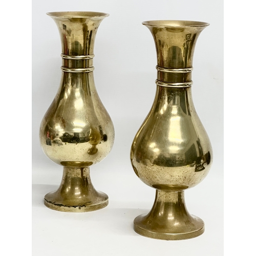 31 - A pair of large late 19th century English brass 2 ringed vases. Circa 1880-1900. 30.5cm