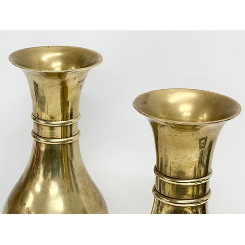 31 - A pair of large late 19th century English brass 2 ringed vases. Circa 1880-1900. 30.5cm