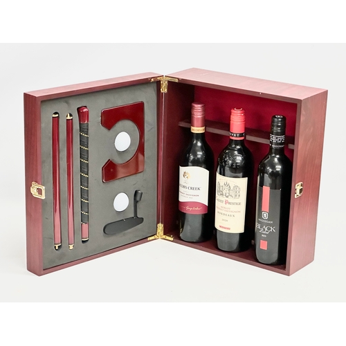 535 - A Wine & Golf gift box. Containing Jacob’s Creek, Calvet Prestige, Black Lebel Red. 36x32x15cm