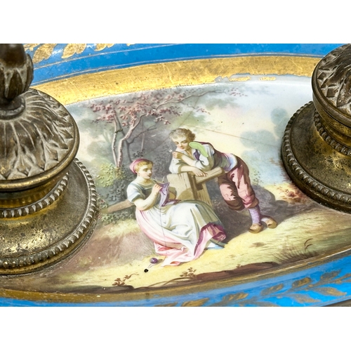 55 - A late 19th century French ornate brass framed inkwell stand with hand painted porcelain bowl. Sevre... 