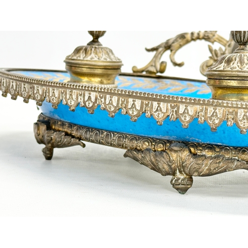 55 - A late 19th century French ornate brass framed inkwell stand with hand painted porcelain bowl. Sevre... 