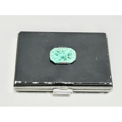 124 - A rare 1930’s Art Deco enamel and jade compact case. 12.5x9cm