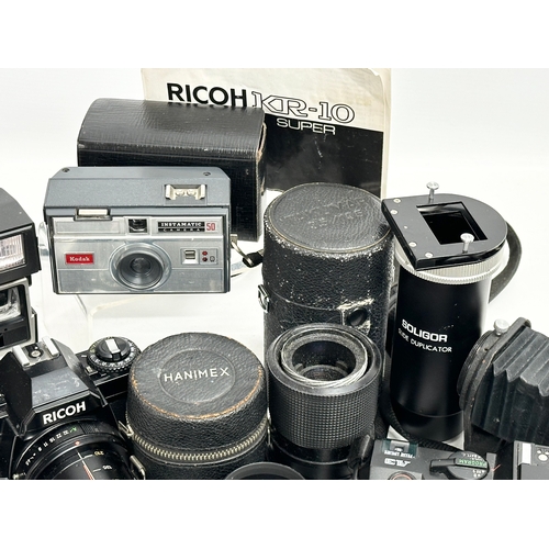 544 - A collection of vintage cameras and lenses. Ricoh KR-10 Super camera, Pentax A3 camera, Polaroid Sun... 