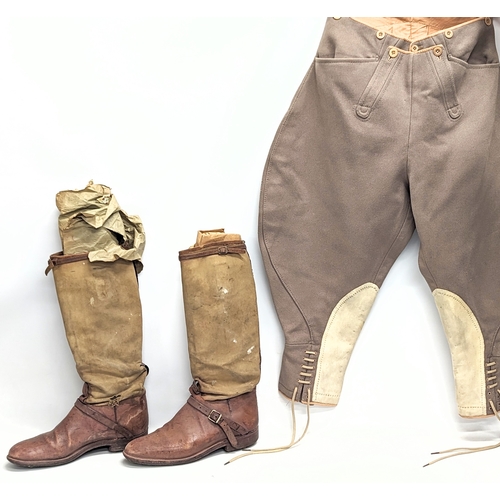 718 - A pair of vintage horse riding / equestrian trousers and a pair of vintage horse riding boots.