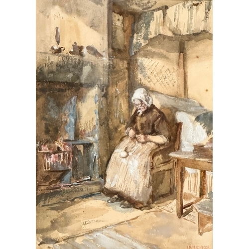 102 - A large watercolour drawing by John. M. Macintosh (1847-1913) knitting by the Fire. 27x38cm. Frame 5... 