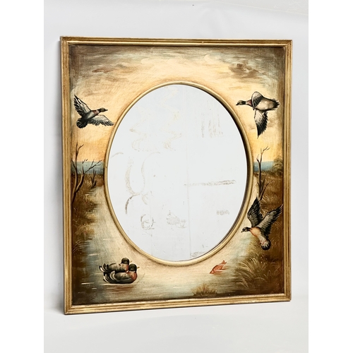 767 - A large good quality gilt framed mirror with painted ducks and birds in flight. 77x88cm C