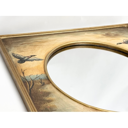 767 - A large good quality gilt framed mirror with painted ducks and birds in flight. 77x88cm C