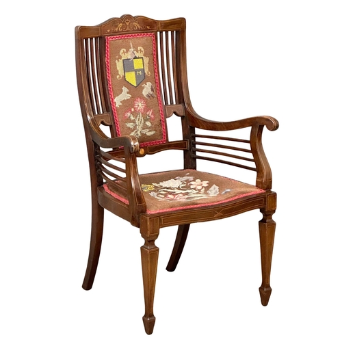 1143 - An Edwardian inlaid mahogany armchair with tapestry seat. 59x53x100cm(12)