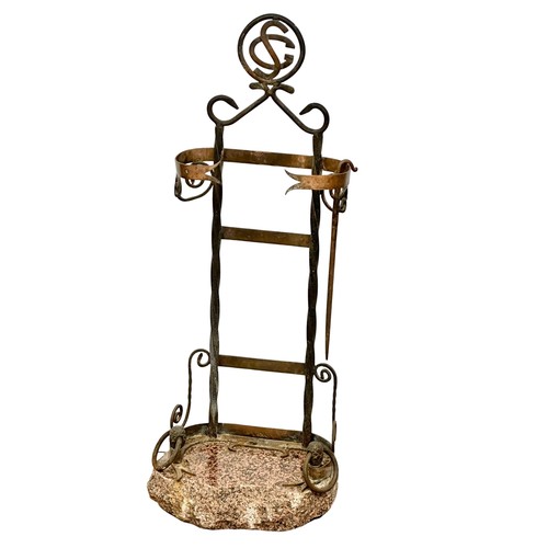 206 - A large late 19th century French Arts & Crafts wrought iron and copper companion set with granite ba... 