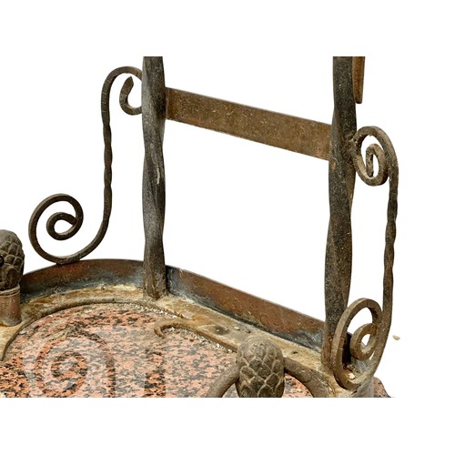 206 - A large late 19th century French Arts & Crafts wrought iron and copper companion set with granite ba... 