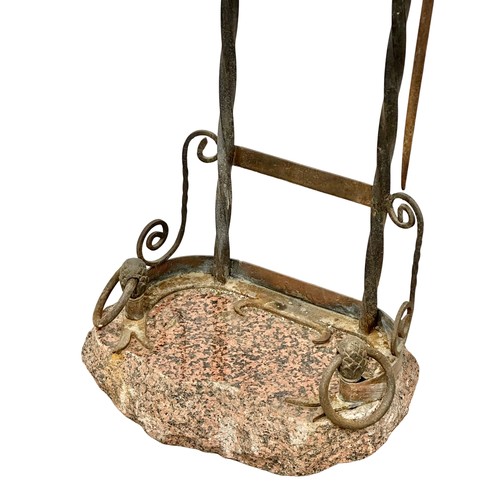 206 - A large late 19th century French Arts & Crafts wrought iron and copper companion set with granite ba... 