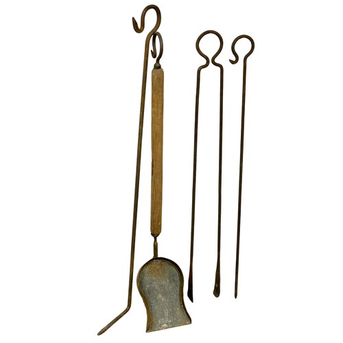 206 - A large late 19th century French Arts & Crafts wrought iron and copper companion set with granite ba... 