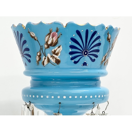 67 - A Victorian Opaline glass lustres with glass droplets. 18.5x35.5cm