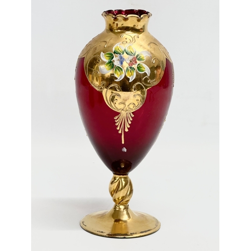 131 - 3 pieces of Venetian Murano ruby glass and gilt vases. 21cm