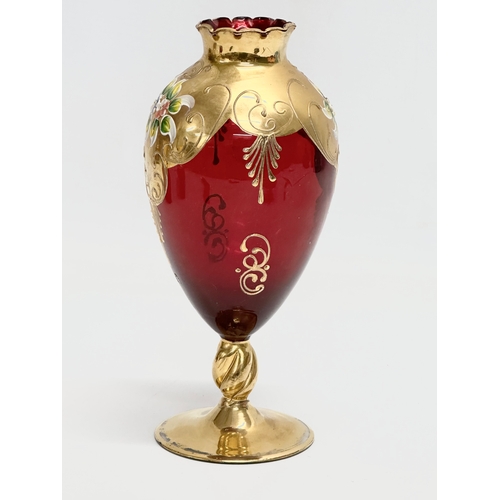 131 - 3 pieces of Venetian Murano ruby glass and gilt vases. 21cm