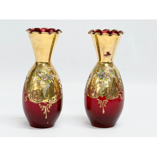 131 - 3 pieces of Venetian Murano ruby glass and gilt vases. 21cm