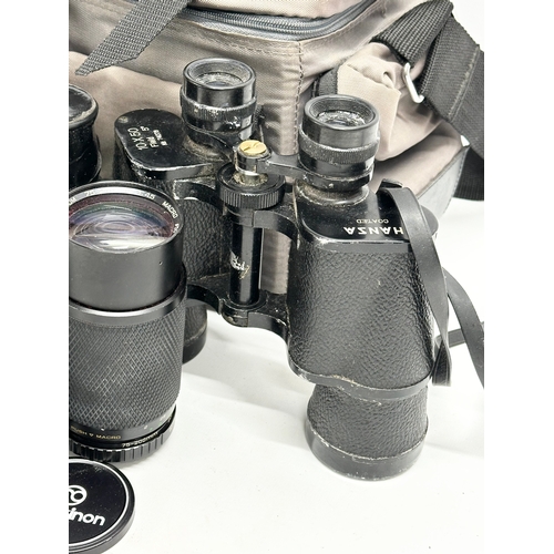 414 - Camera, lenses and binoculars. A Cosina CSM camera with Macro lens, Yashinon-DS lens, Cosinon lens a... 