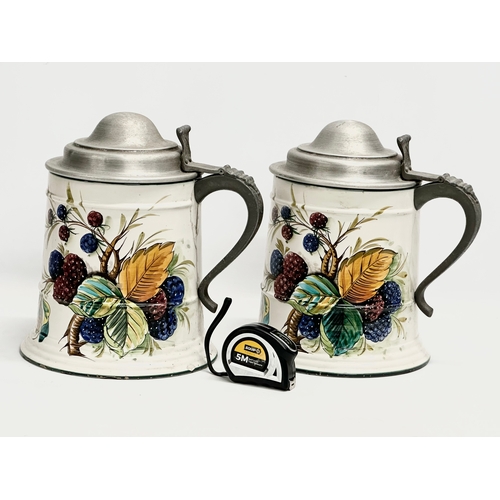 165 - A pair of very large Early/Mid 20th Century Italian enamelled tankards with pewter lids. Mancioli Po... 