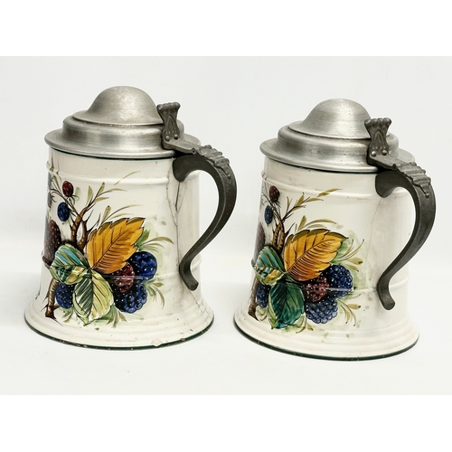 165 - A pair of very large Early/Mid 20th Century Italian enamelled tankards with pewter lids. Mancioli Po... 