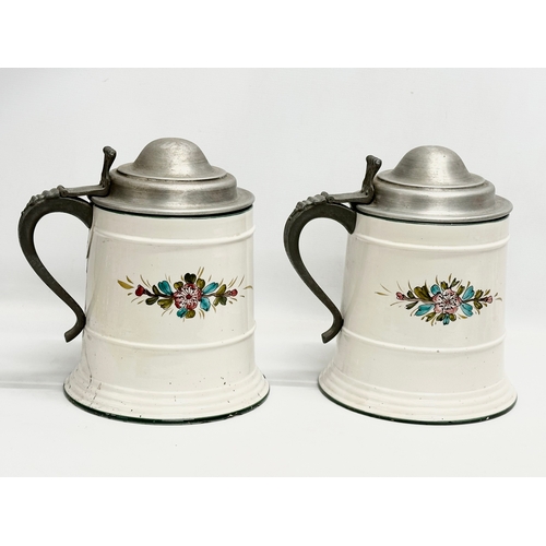 165 - A pair of very large Early/Mid 20th Century Italian enamelled tankards with pewter lids. Mancioli Po... 