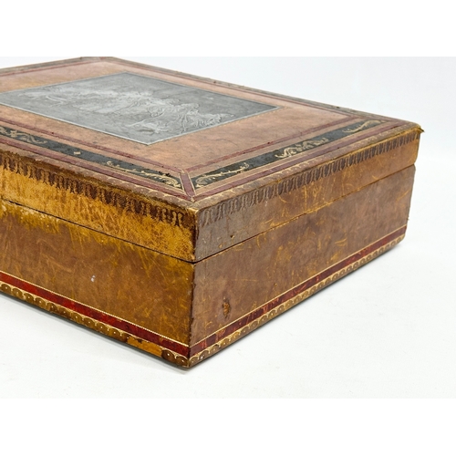 7 - A Mid 19th Century Victorian leather bound dispatch box/jewellery box with pewter panel a painted gi... 