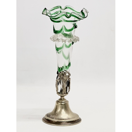 58 - 4 Late 19th Century glass epergne vases on silver plated stands. A good quality green frilled rim va... 