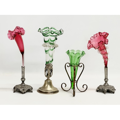 58 - 4 Late 19th Century glass epergne vases on silver plated stands. A good quality green frilled rim va... 