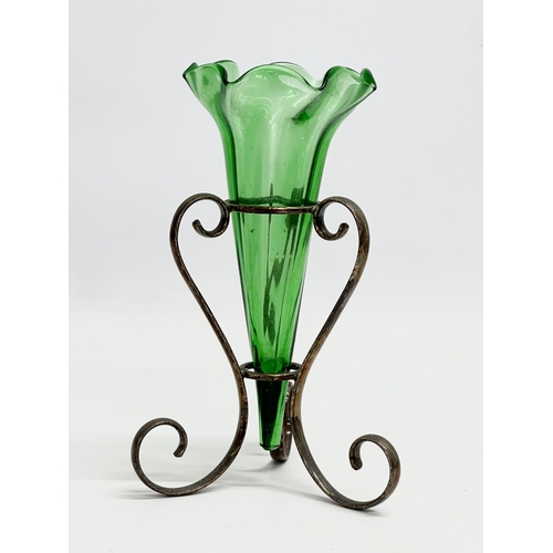 58 - 4 Late 19th Century glass epergne vases on silver plated stands. A good quality green frilled rim va... 